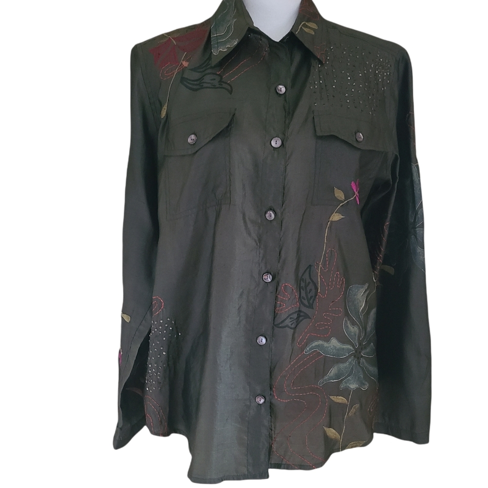 chico's silk embroidered long sleeve blouse size 1